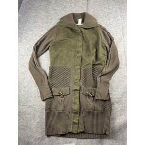 VTG MURMUR Faux Suede Cardigan Green Cable Knit Toggle Snap Women M Granola Y2K